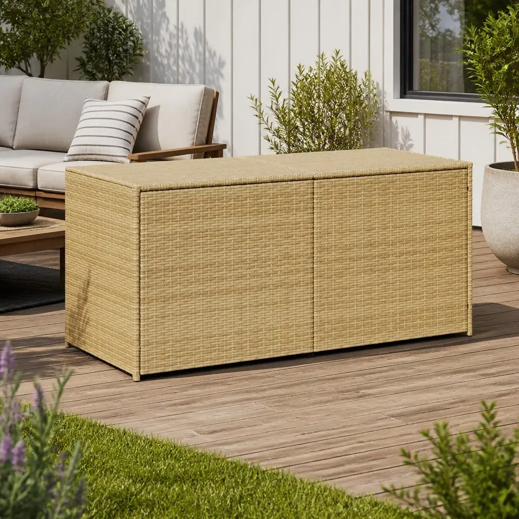 Garden Storage Box Beige Outdoor Patio Furniture Poly Rattan 283L Waterproof