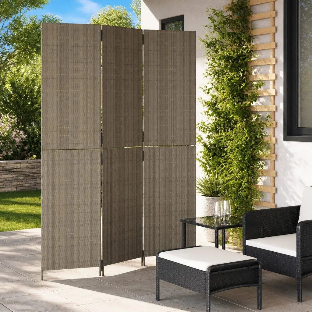 Room Divider Grey 3 Panels Folding Privacy Screen Woven Poly Rattan Indoor Outdoor