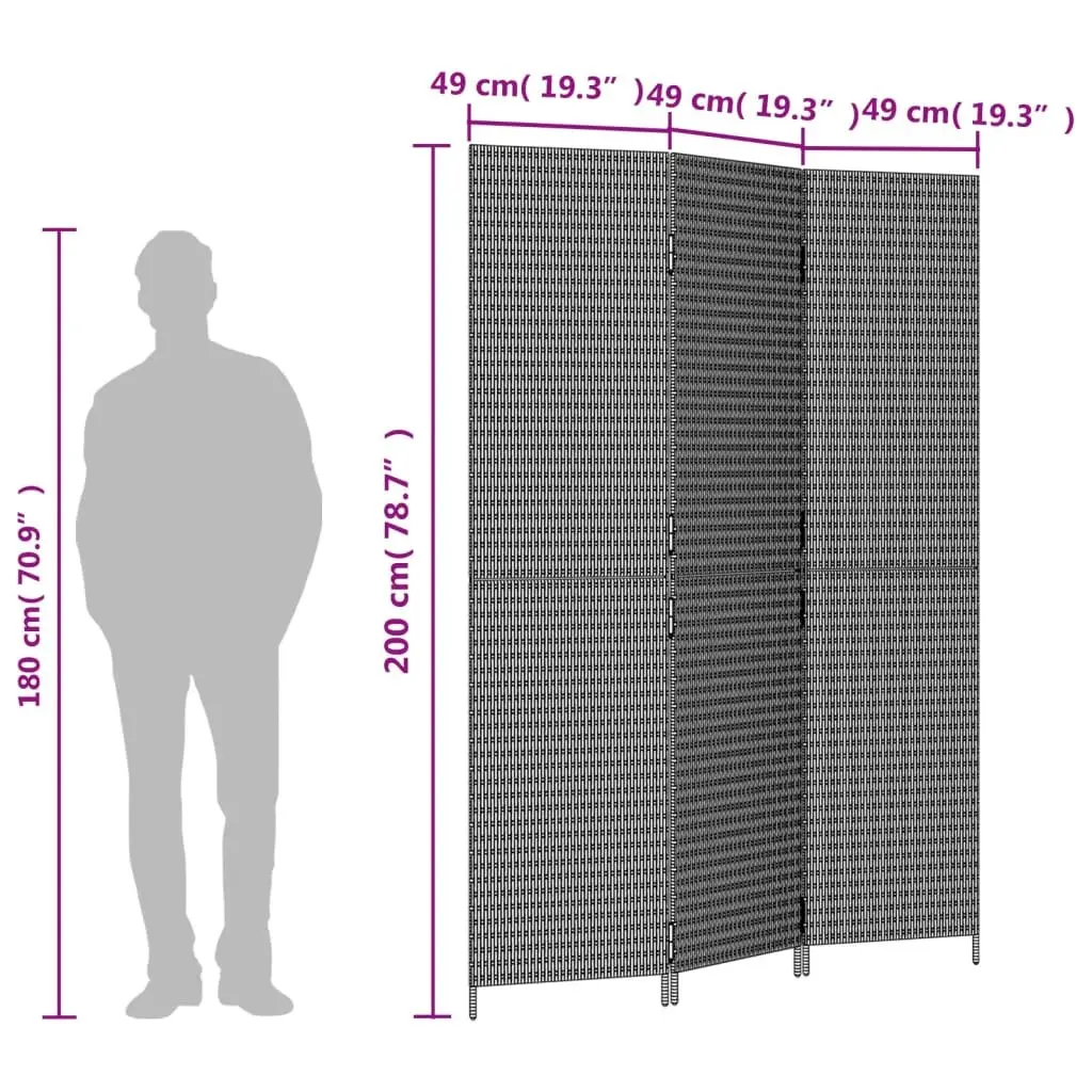 Room Divider Grey 3 Panels Folding Privacy Screen Woven Poly Rattan Indoor Outdoor