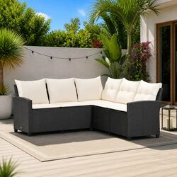 L-shaped Outdoor Couch Sofa with Cushions Black Garden Patio Furniture Set