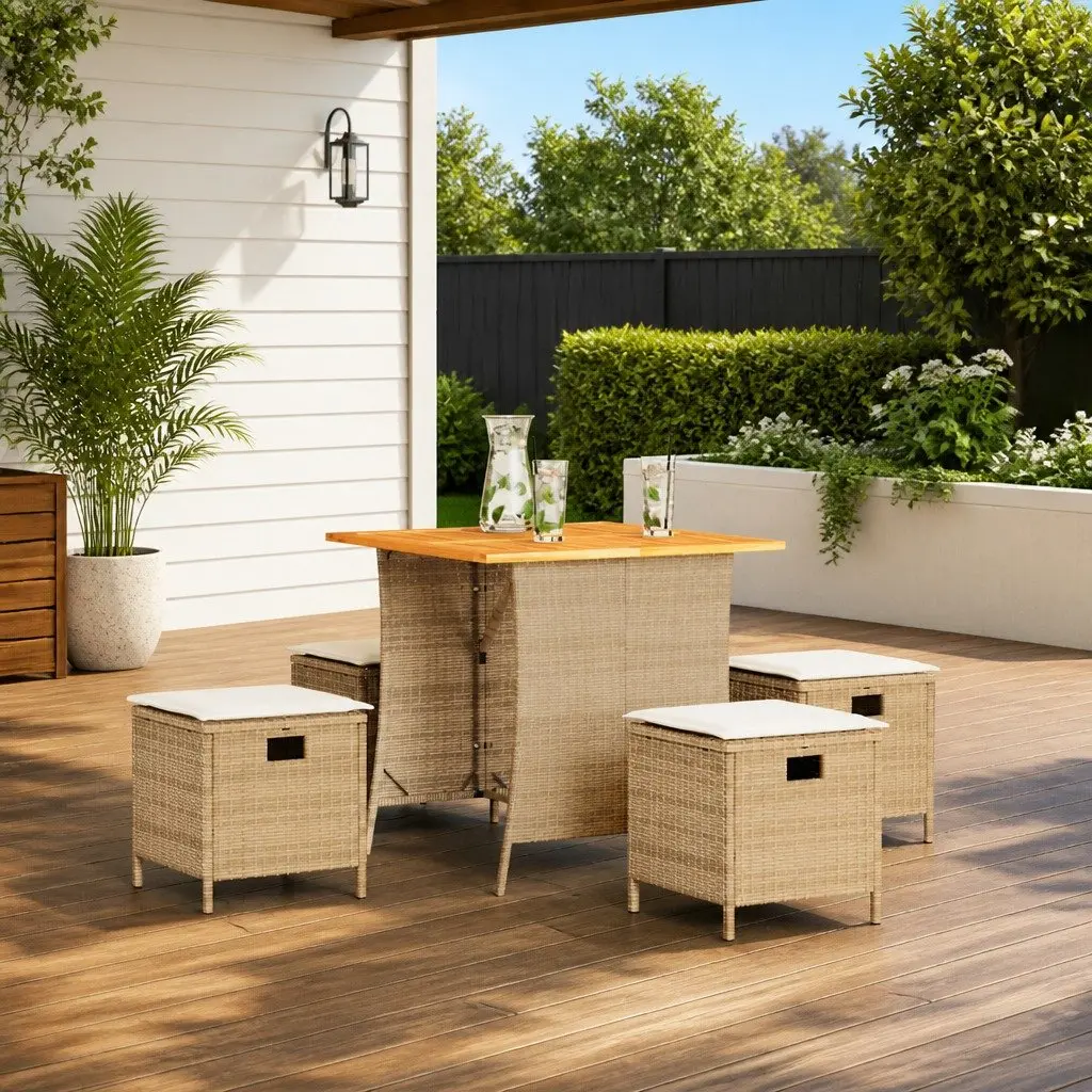 Garden Dining Set Beige 5 Piece Outdoor Furniture PE Rattan Acacia Wood Table Padded Cushions