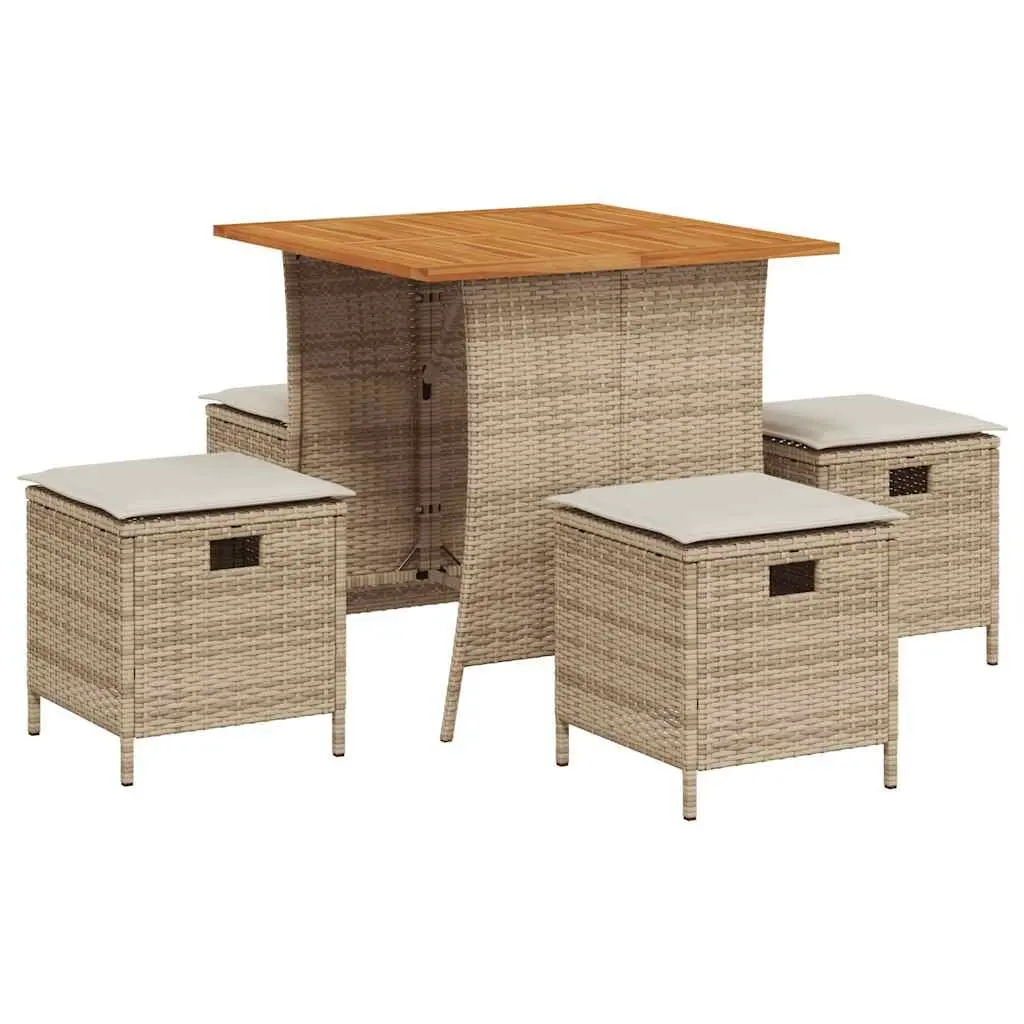 Garden Dining Set Beige 5 Piece Outdoor Furniture PE Rattan Acacia Wood Table Padded Cushions
