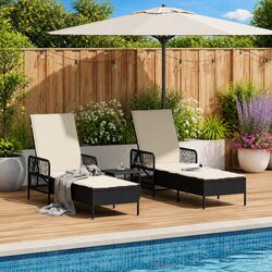 Sun Lounger 3 Pieces Black Cream White Outdoor Garden Patio Lounging Chair Set