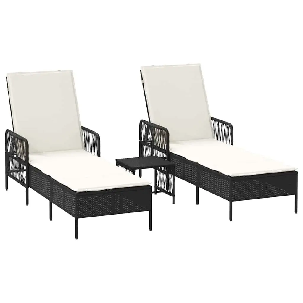 Sun Lounger 3 Pieces Black Cream White Outdoor Garden Patio Lounging Chair Set