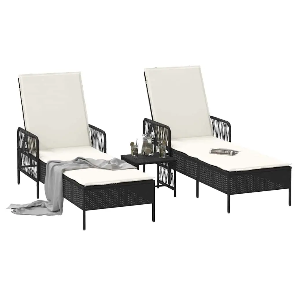 Sun Lounger 3 Pieces Black Cream White Outdoor Garden Patio Lounging Chair Set
