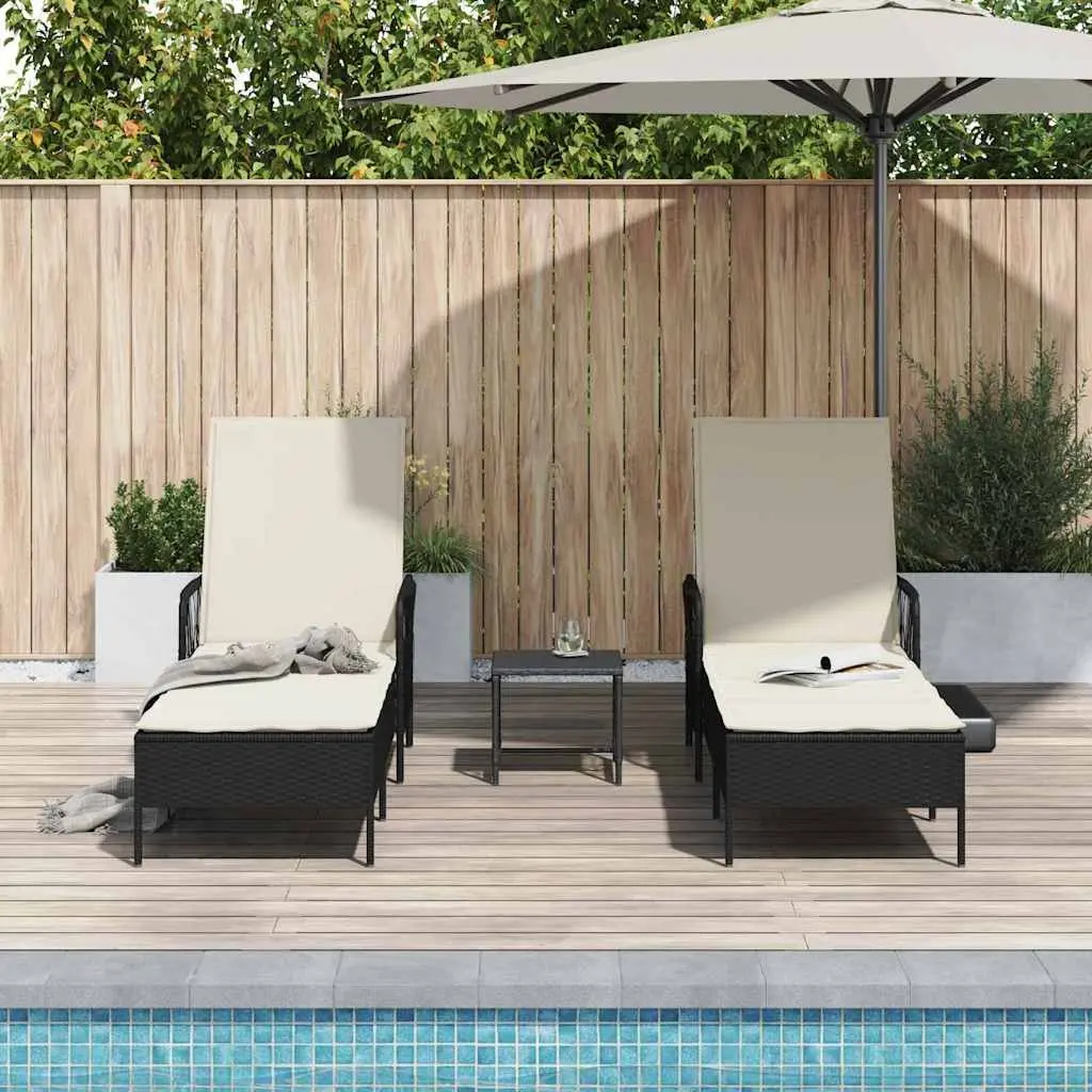 Sun Lounger 3 Pieces Black Cream White Outdoor Garden Patio Lounging Chair Set