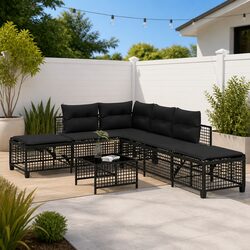 Outdoor Corner Garden Sofa Set 3 Piece Black Poly Rattan Patio Furniture with