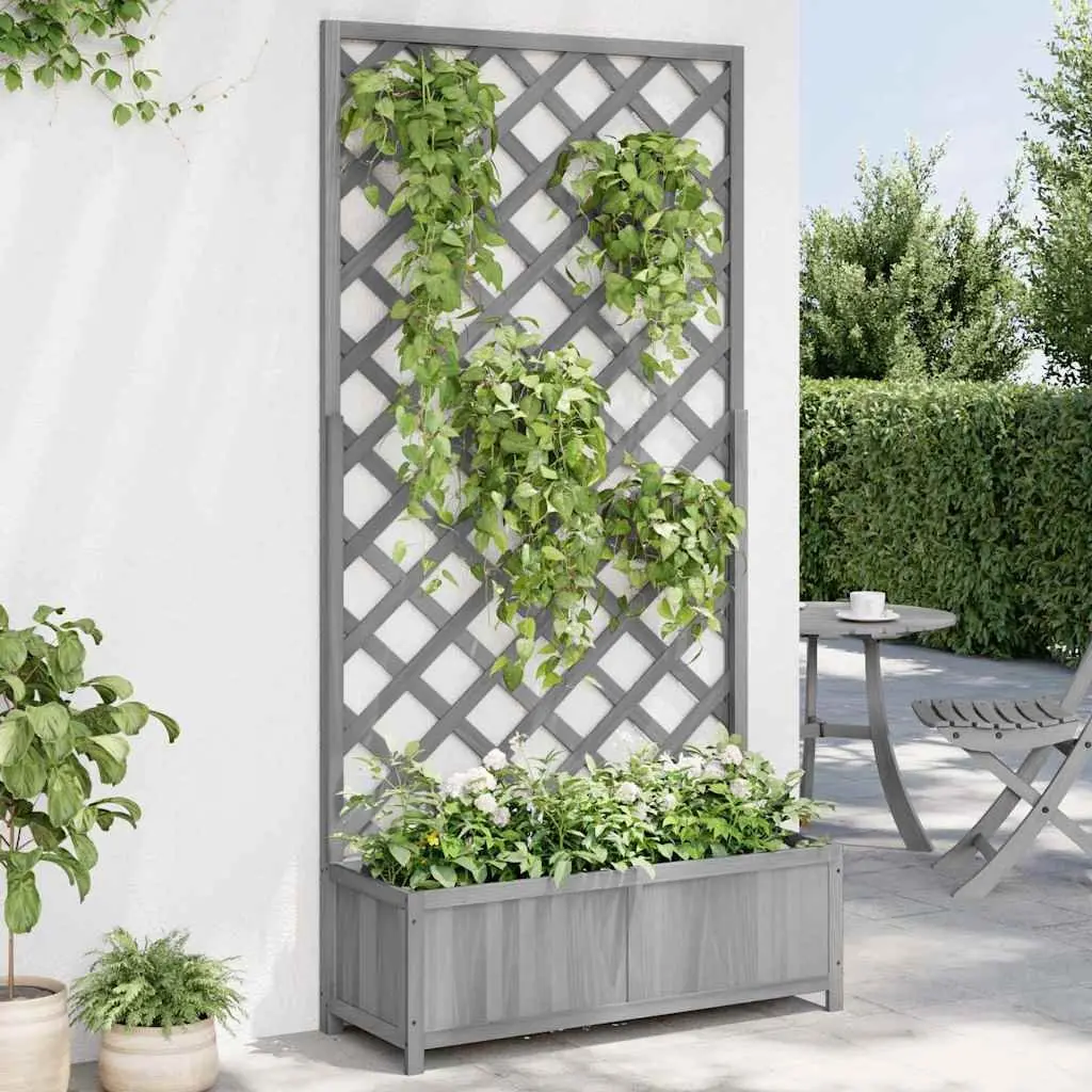Wooden Planter Box Grey with Trellis Deep Wide Planting Bed for Flowers Herbs Climbing Plants Support