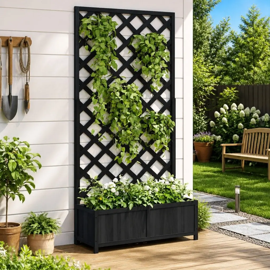 Wooden Planter Black Solid Fir Integrated Trellis for Climbing Plants Garden Patio