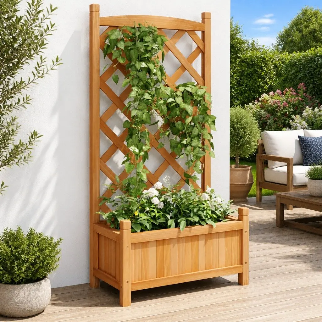 Wooden Planter Brown Solid Fir with Integrated Trellis for Climbing Plants Outdoor Garden Patio
