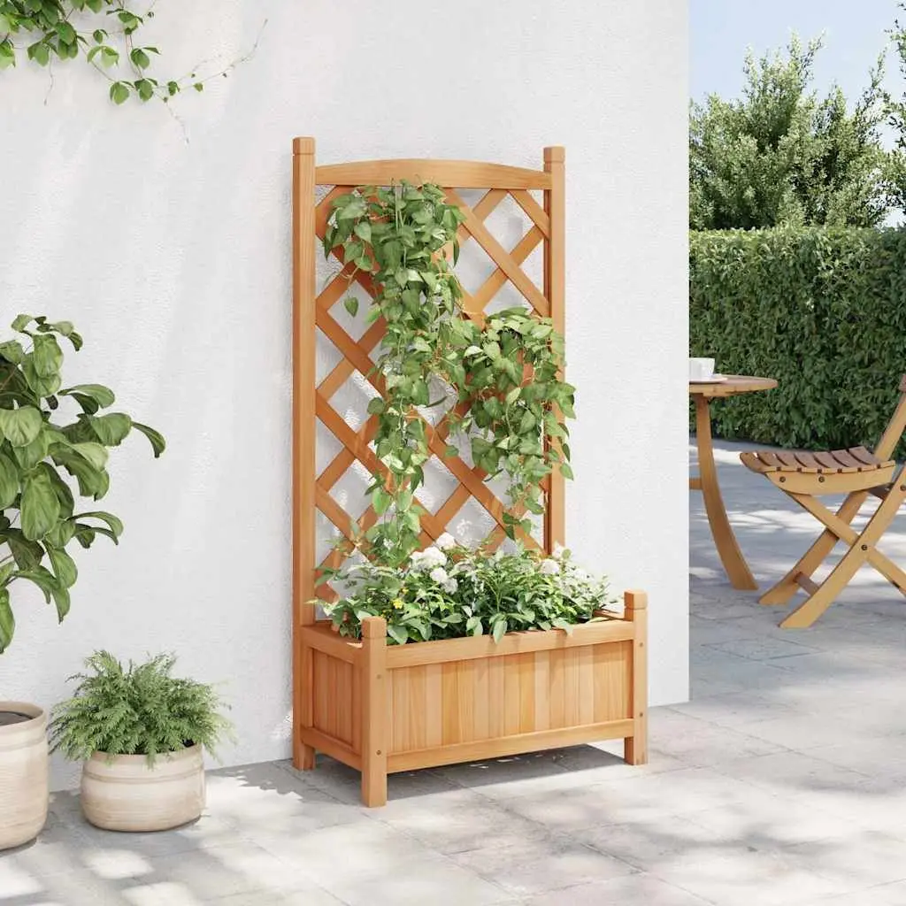 Wooden Planter Brown Solid Fir with Integrated Trellis for Climbing Plants Outdoor Garden Patio