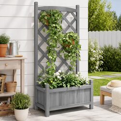 Grey Wooden Planter with Trellis for Outdoor Use