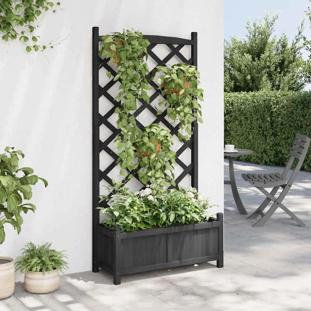 Planter Black Solid Wood Fir with Integrated Trellis for Climbing Plants Garden Patio Outdoor
