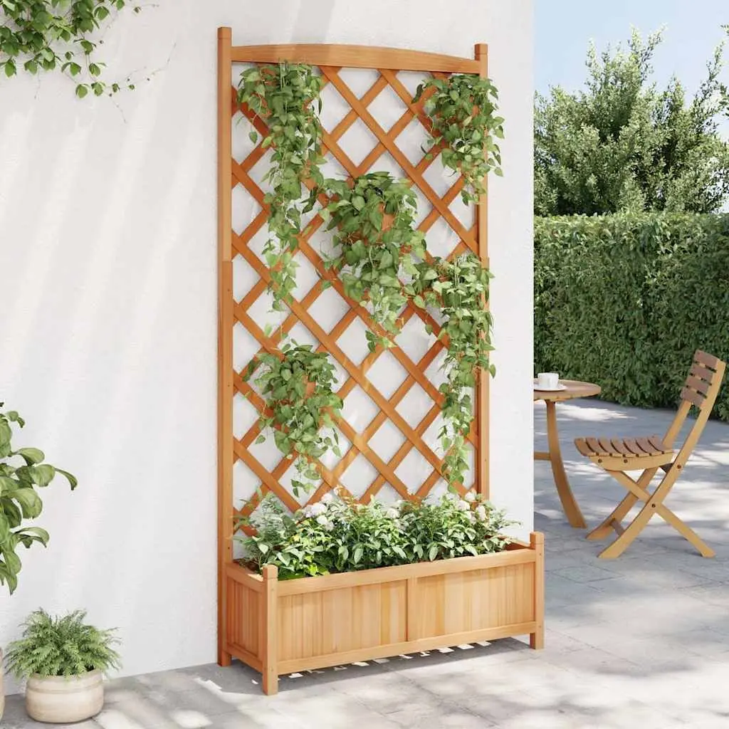Wooden Planter Brown Fir Integrated Trellis Panel for Climbing Plants Outdoor Garden Patio