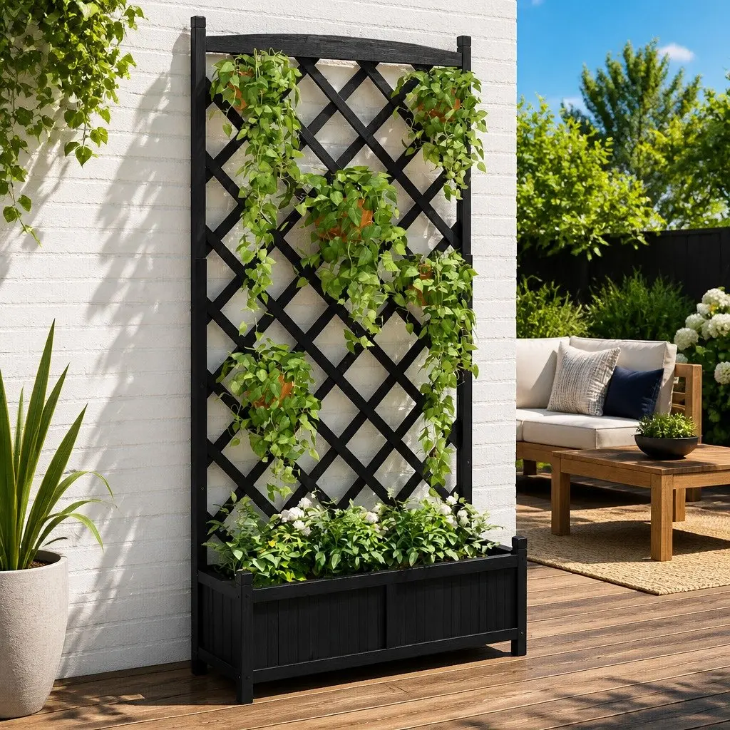 Wooden Planter Black Solid Fir with Trellis for Climbing Plants Support Garden Patio