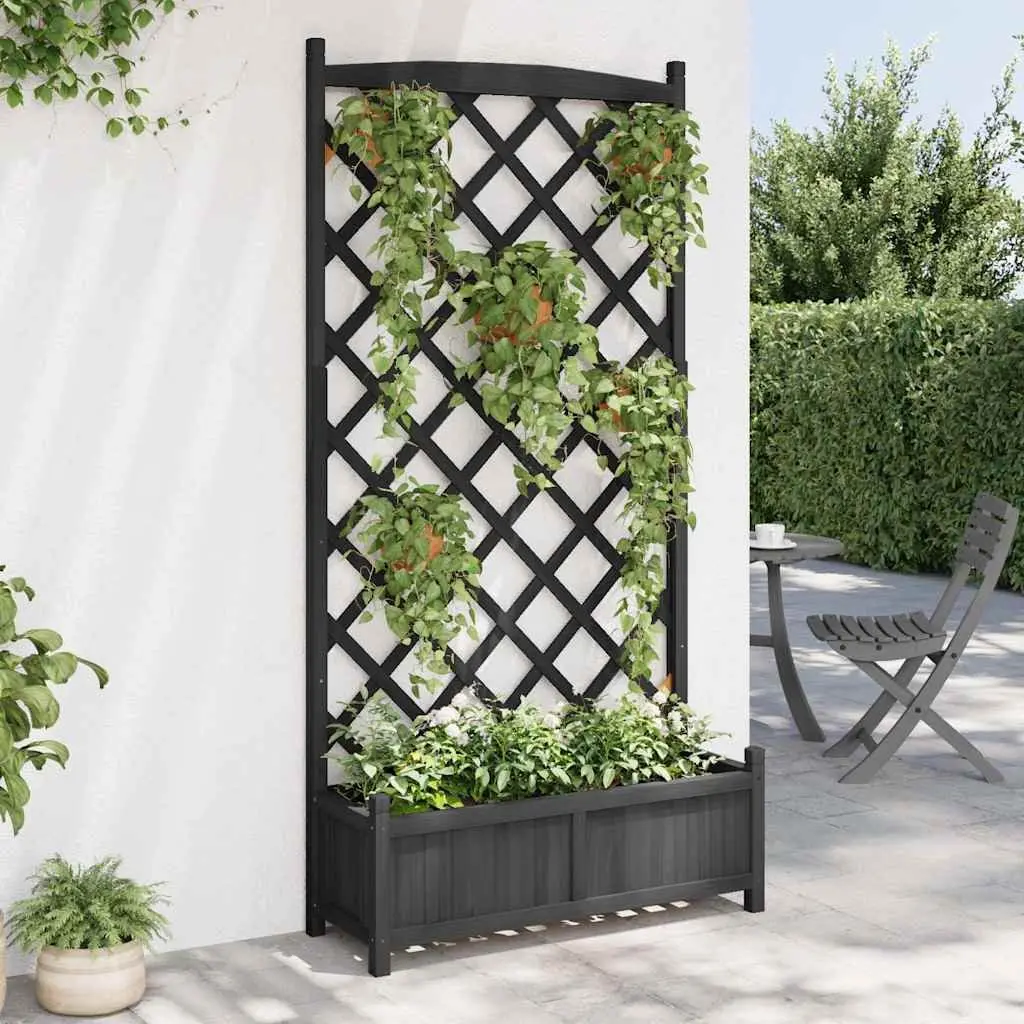 Wooden Planter Black Solid Fir with Trellis for Climbing Plants Support Garden Patio