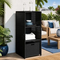 Garden Storage Cabinet Black Outdoor Poly Rattan with 2 Shelves Drawer