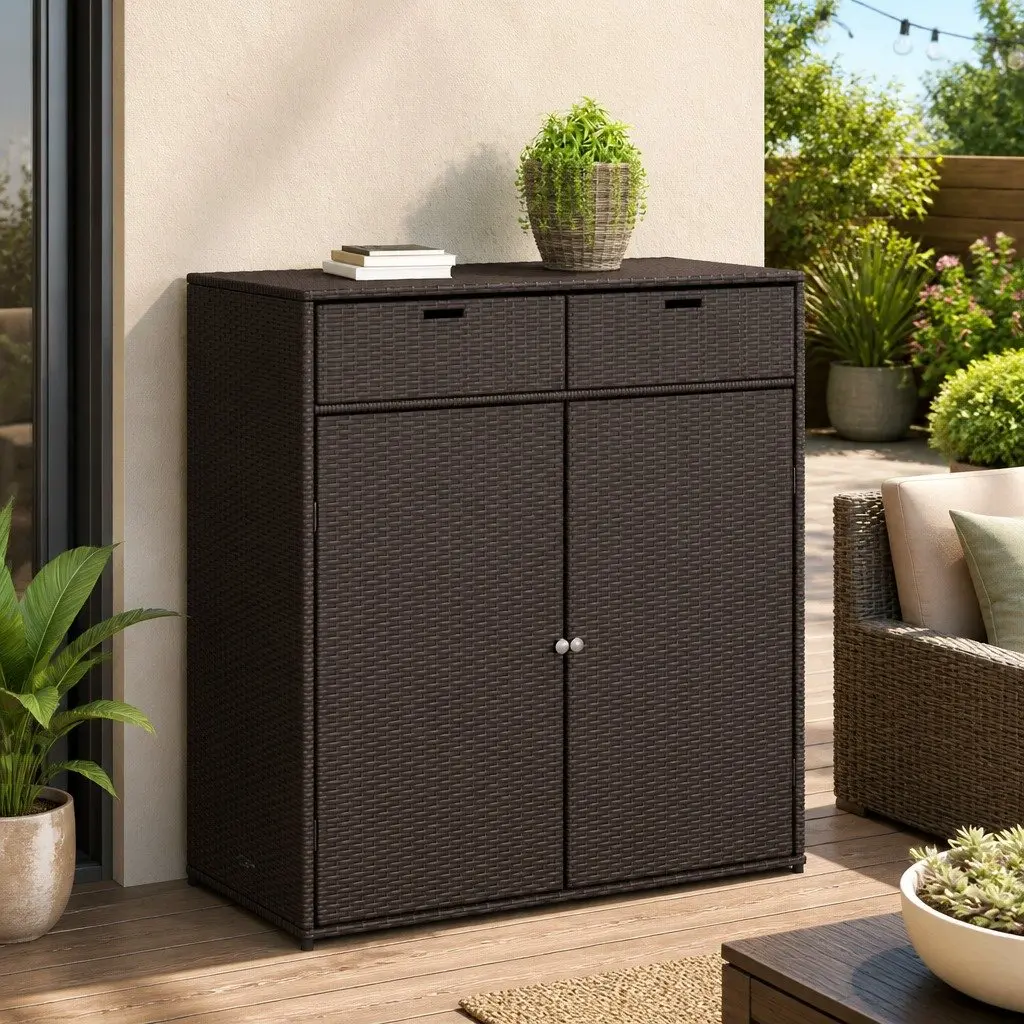 Garden Storage Cabinet Brown Outdoor Furniture Rattan Large Capacity Durable PE Rattan