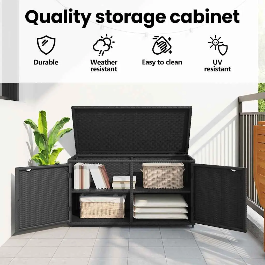Garden Storage Cabinet Black Outdoor Poly Rattan 110x55x60.5cm Doors Lid