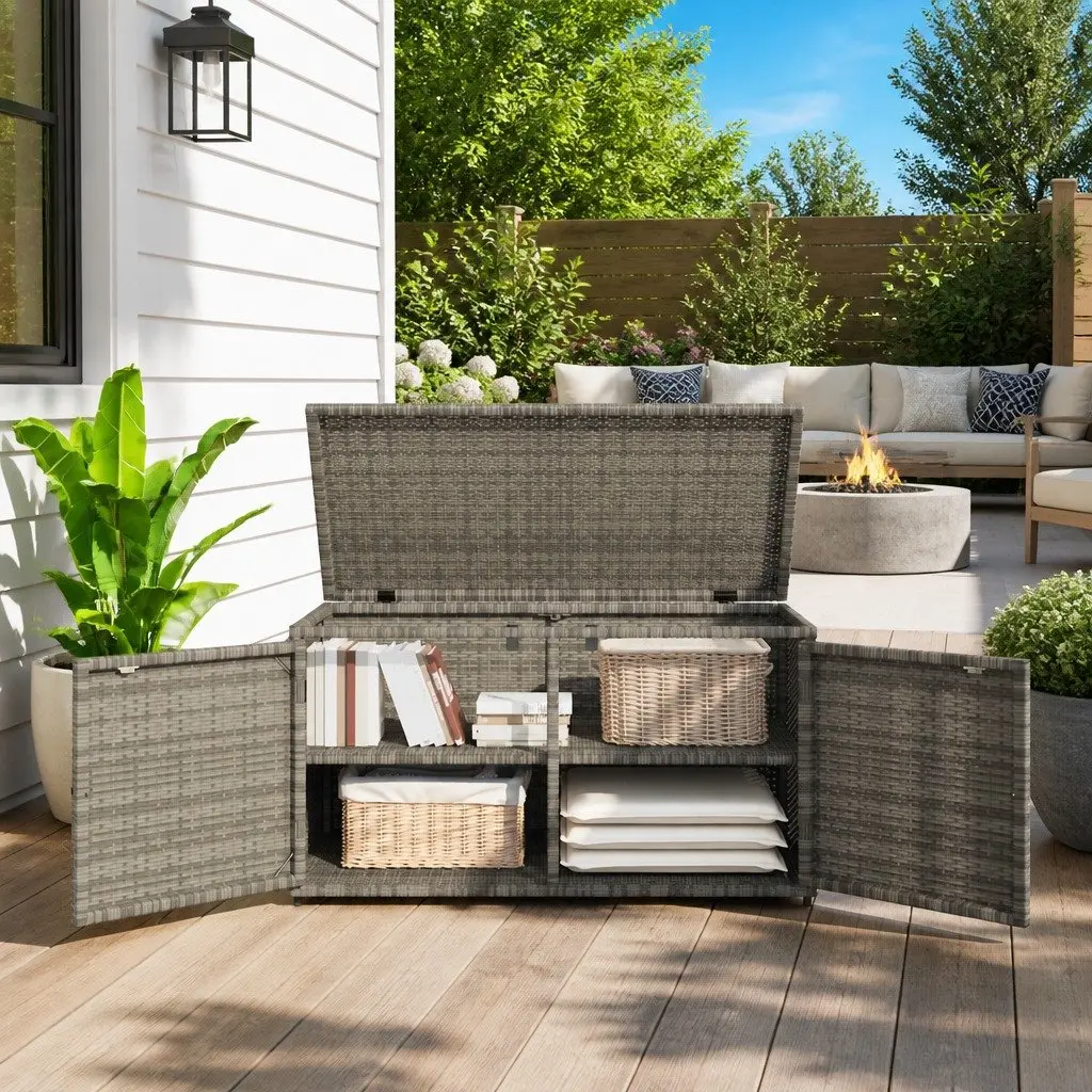 Garden Storage Cabinet Grey Outdoor Poly Rattan Furniture with Doors Patio