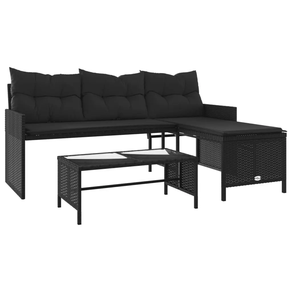 L-Shaped Garden Sofa Set Black Poly Rattan Outdoor with Table and Cushions