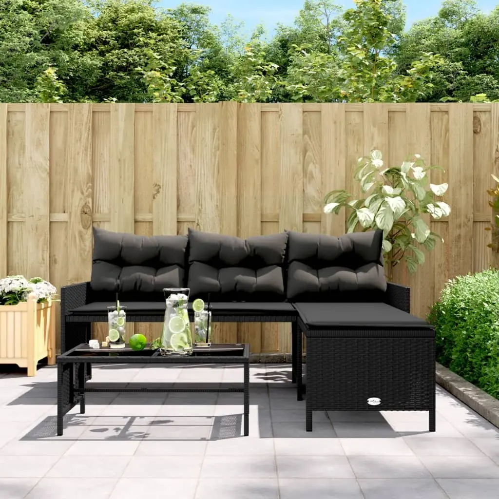 L-Shaped Garden Sofa Set Black Poly Rattan Outdoor with Table and Cushions