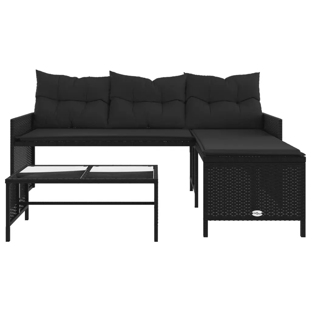 L-Shaped Garden Sofa Set Black Poly Rattan Outdoor with Table and Cushions