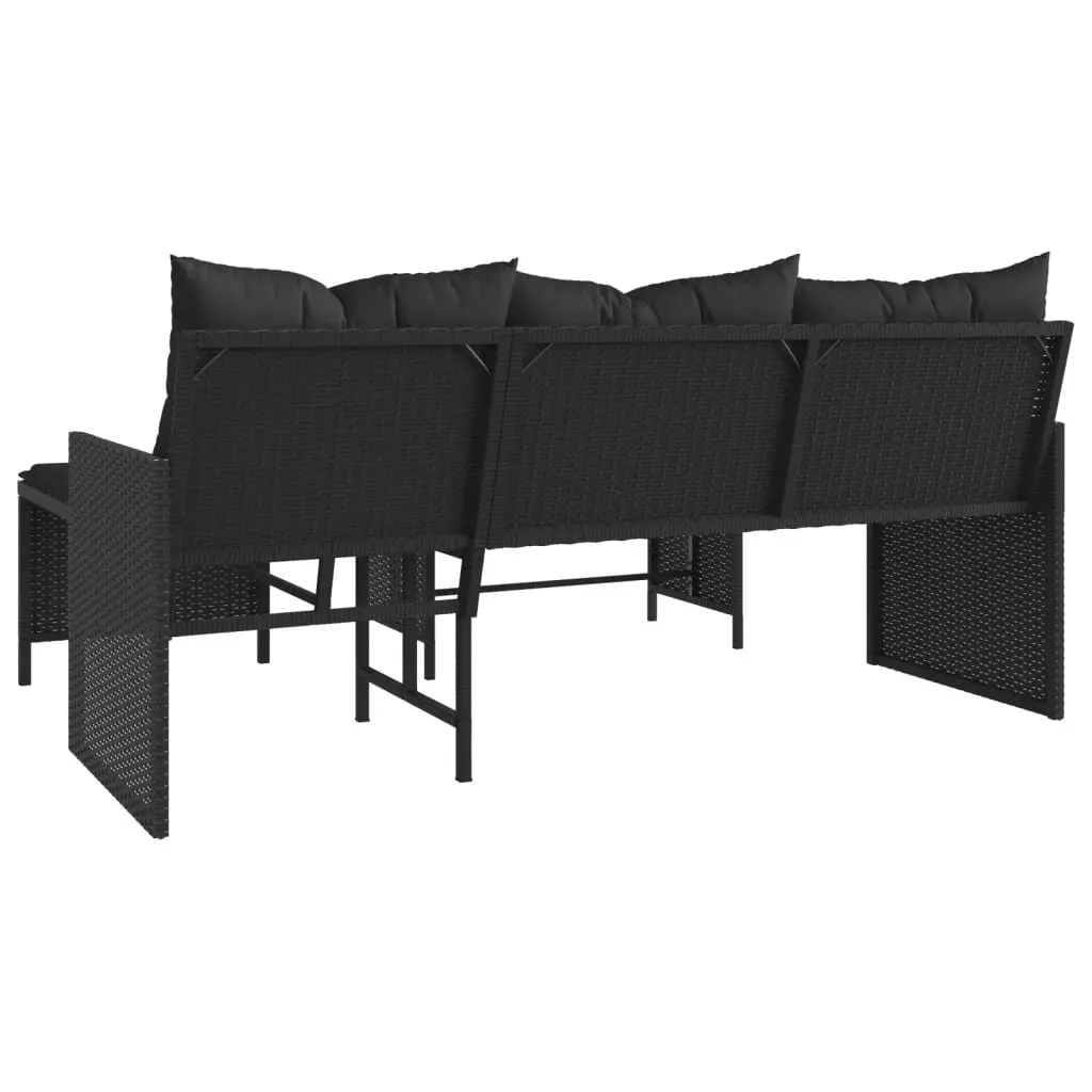 L-Shaped Garden Sofa Set Black Poly Rattan Outdoor with Table and Cushions