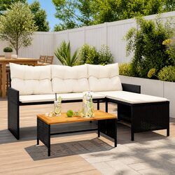 L-Shaped Garden Sofa Set with Table and Cushions Black Poly Rattan Outdoor