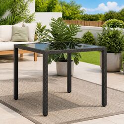 Garden Outdoor Table Glass Top Black 90x90x75cm Poly Rattan Patio Furniture