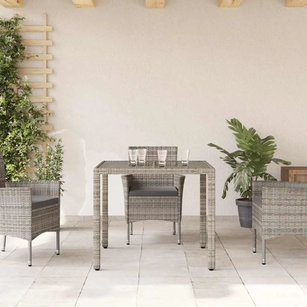 Garden Table Grey 90x90x75cm Glass Top PE Rattan Frame Outdoor Patio Furniture