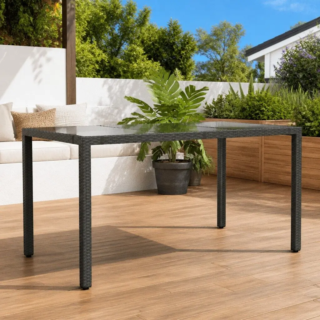 Garden Table Glass Top Black Outdoor Patio Furniture Poly Rattan Frame