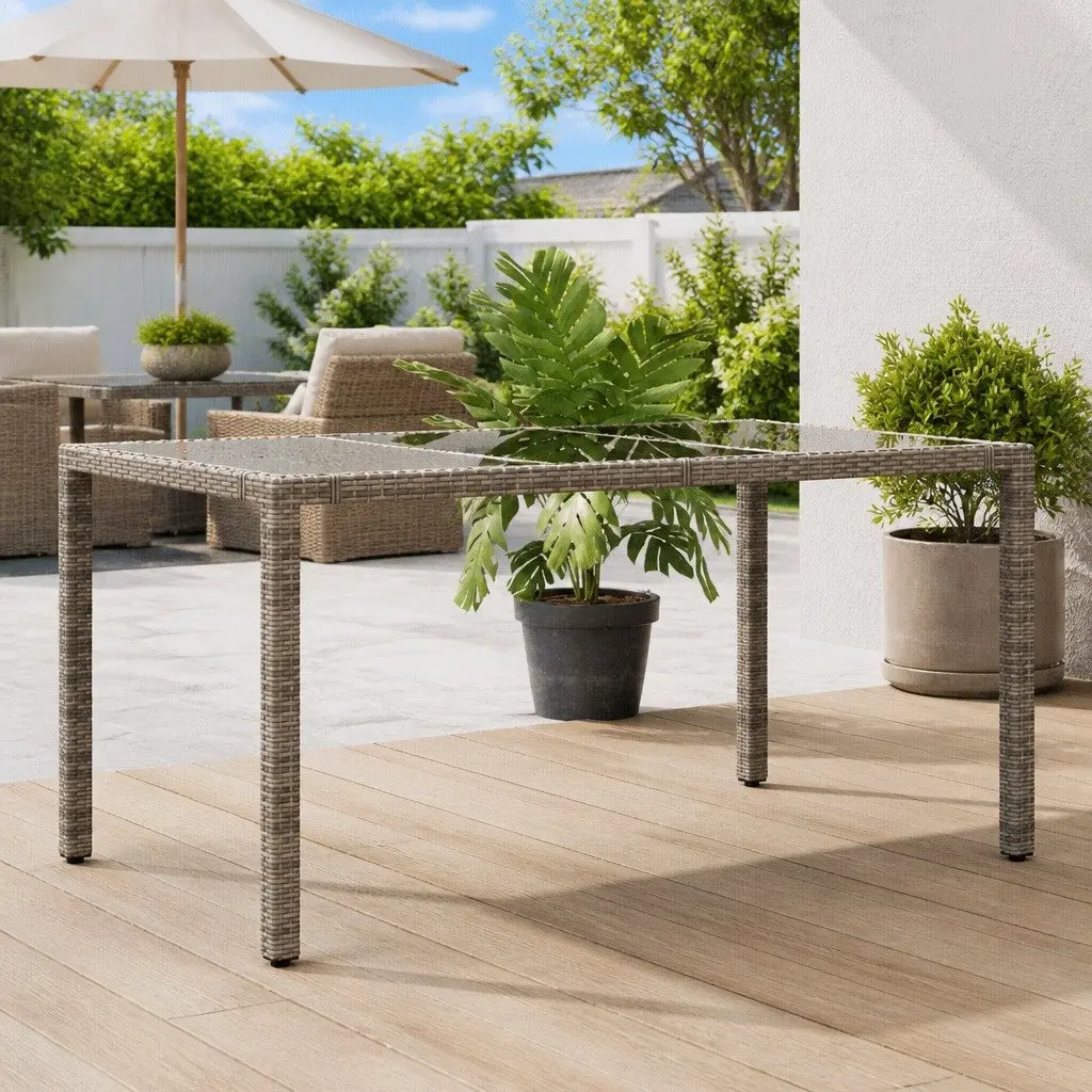 Garden Table Outdoor Patio Furniture Glass Top Grey Poly Rattan 150x90x75cm