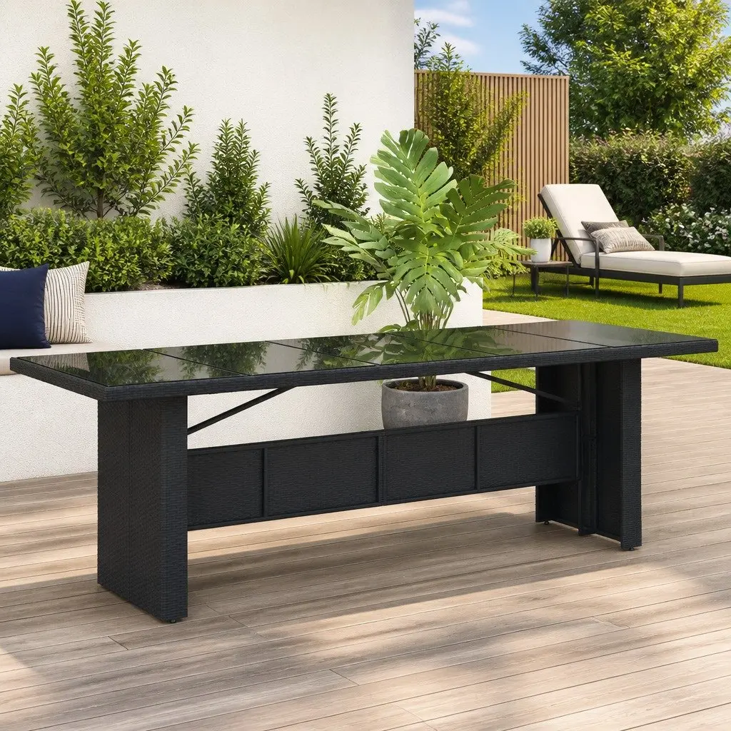 Garden Table Outdoor Patio Furniture Black Poly Rattan Glass Top 240x90x75cm
