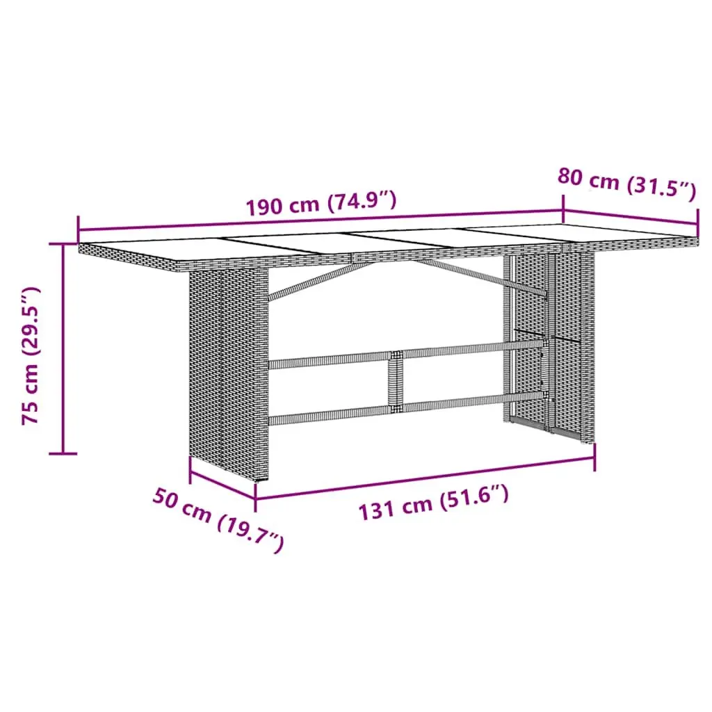 Garden Table Brown Glass Top Outdoor Patio Furniture PE Rattan Frame