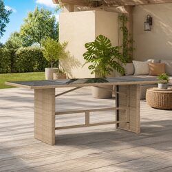 Garden Table Glass Top Beige Outdoor Patio Furniture 190x80x75cm Poly Rattan