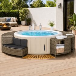 Hot Tub Surround Grey Poly Rattan Spa Storage Rack Step Garden Bench Outdoor