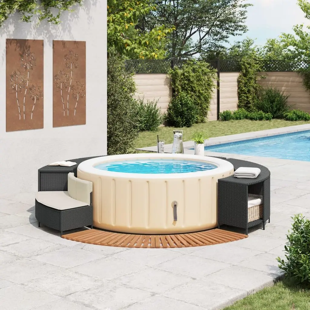 Hot Tub Surround Black Poly Rattan Solid Acacia Wood Storage Bench Step Outdoor Spa Furniture