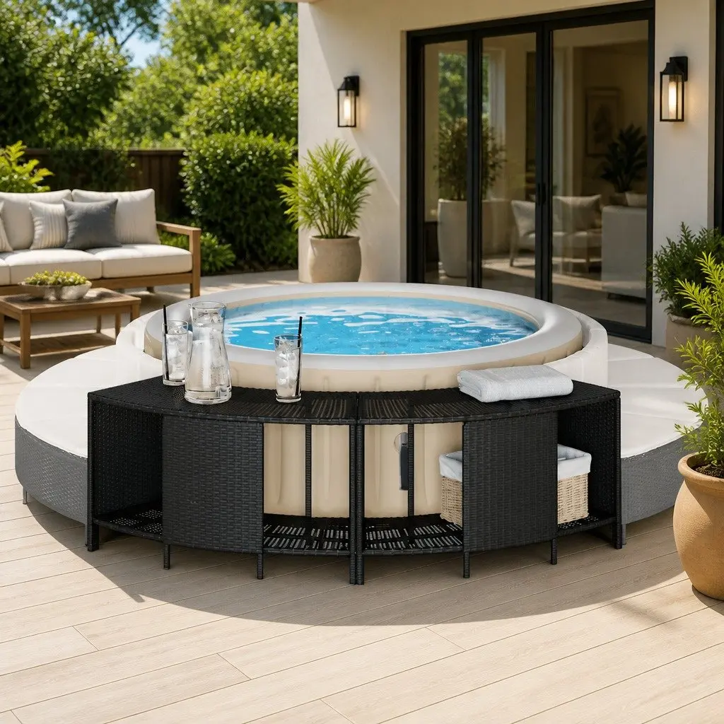 Hot Tub Storage Shelves 2 Pieces Outdoor Garden Furniture Poly Rattan Black Set