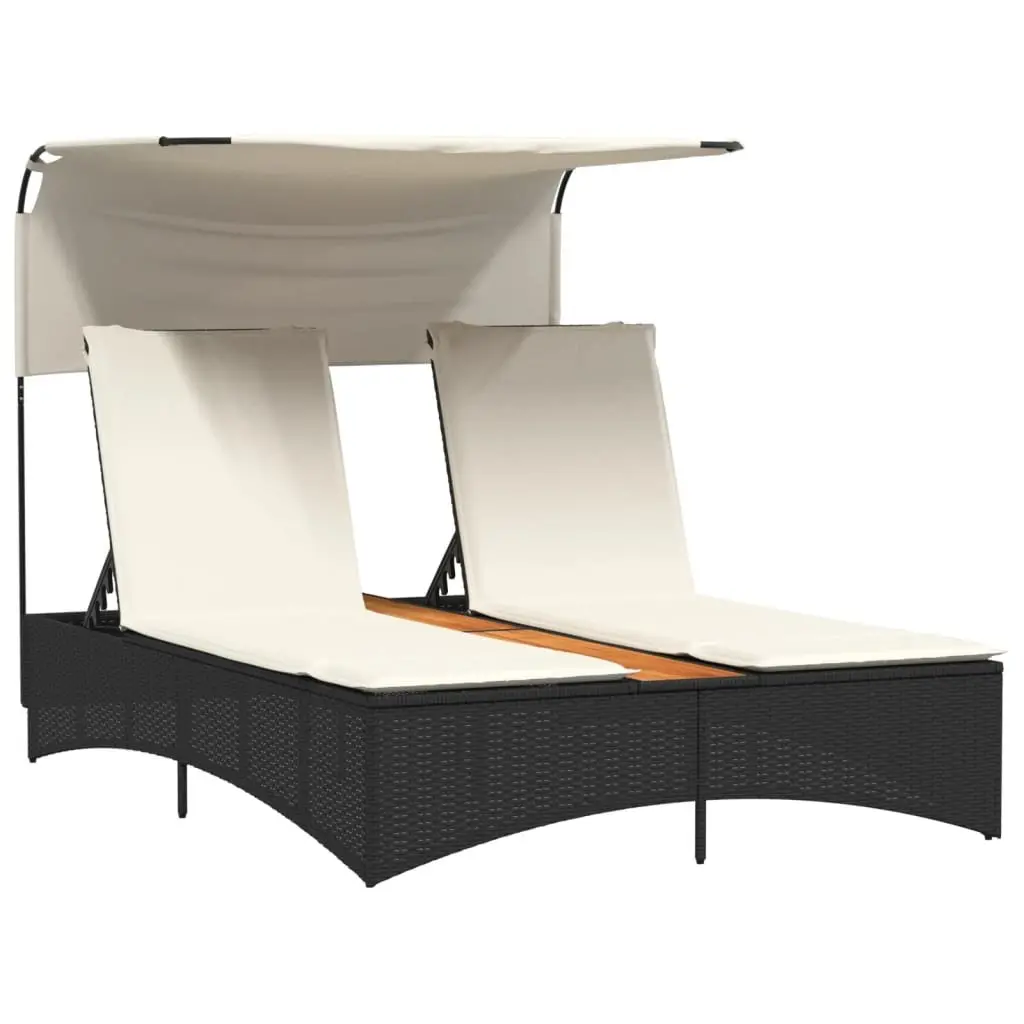 Double Sun Lounger Outdoor Garden Furniture Canopy Cushions Black Poly Rattan