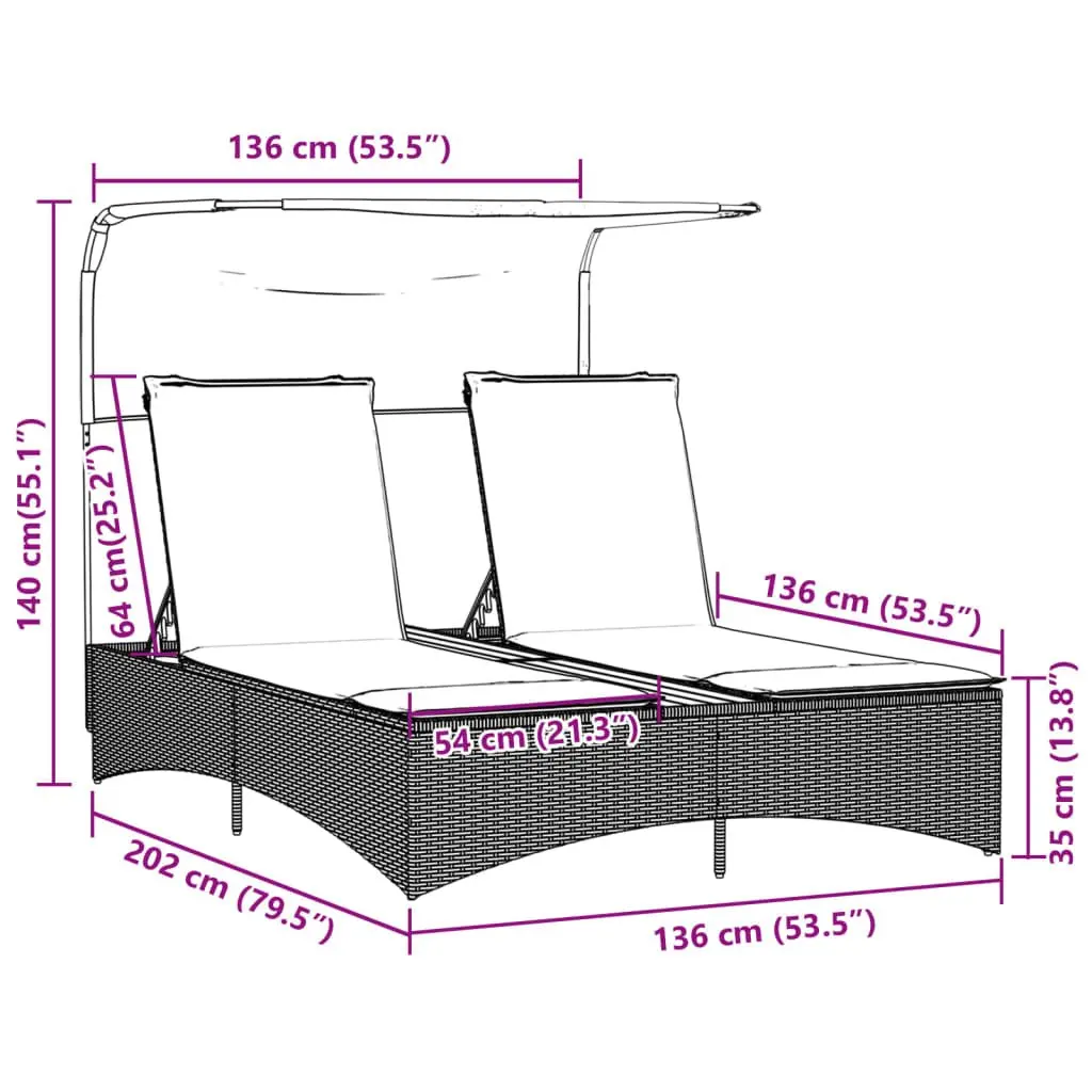Double Sun Lounger Outdoor Garden Furniture Canopy Cushions Black Poly Rattan