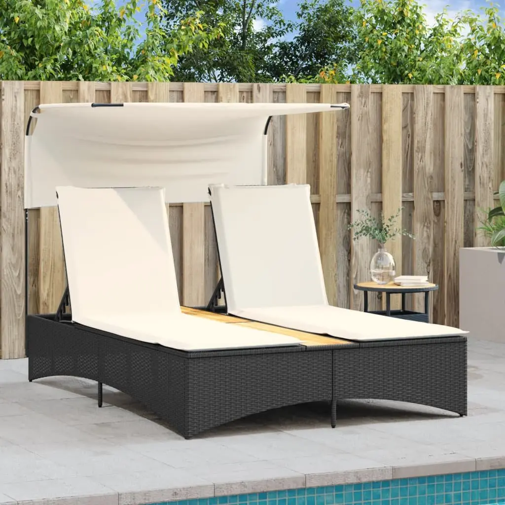 Double Sun Lounger Outdoor Garden Furniture Canopy Cushions Black Poly Rattan