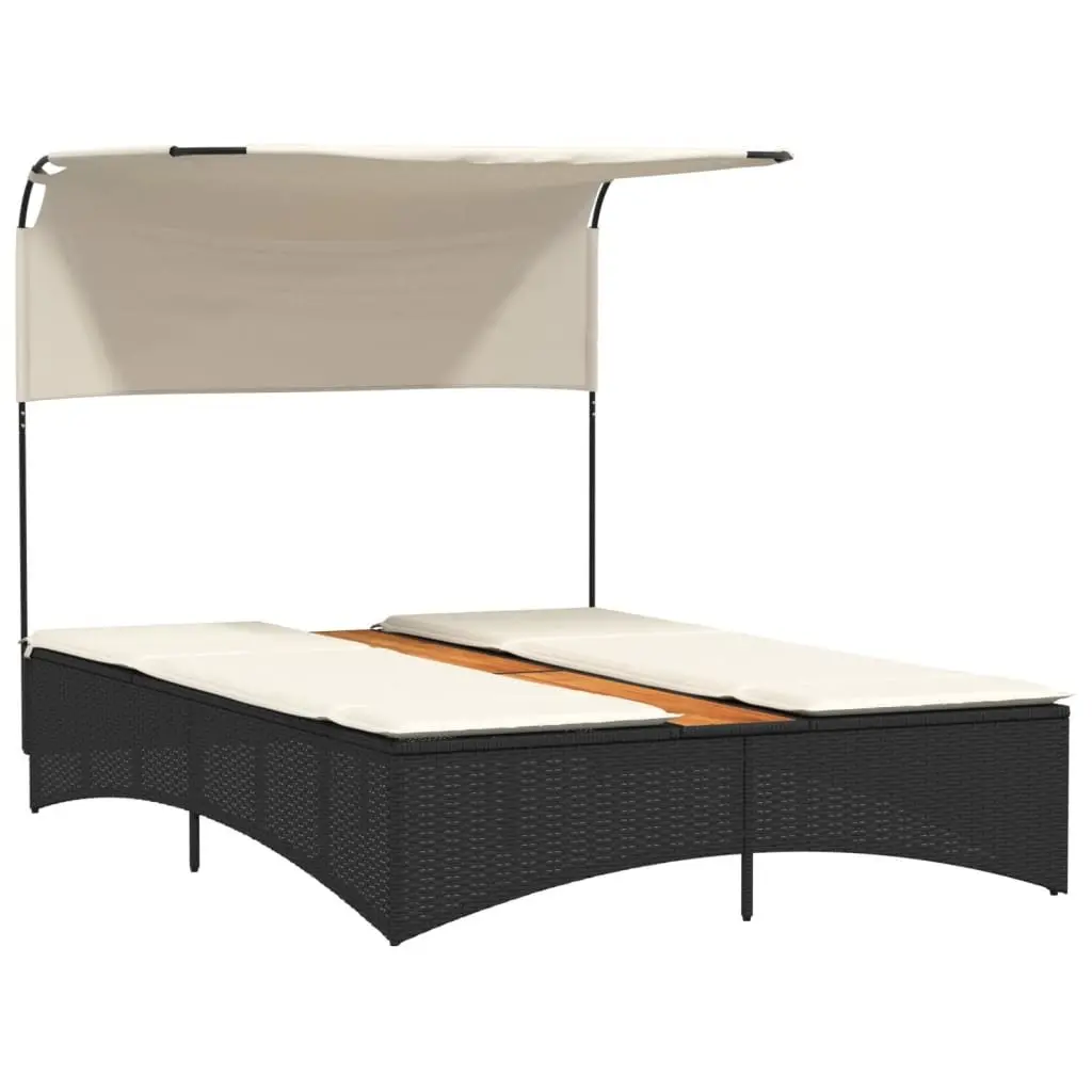 Double Sun Lounger Outdoor Garden Furniture Canopy Cushions Black Poly Rattan