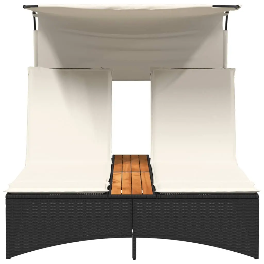 Double Sun Lounger Outdoor Garden Furniture Canopy Cushions Black Poly Rattan