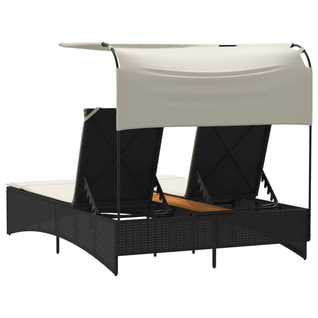 Double Sun Lounger Outdoor Garden Furniture Canopy Cushions Black Poly Rattan