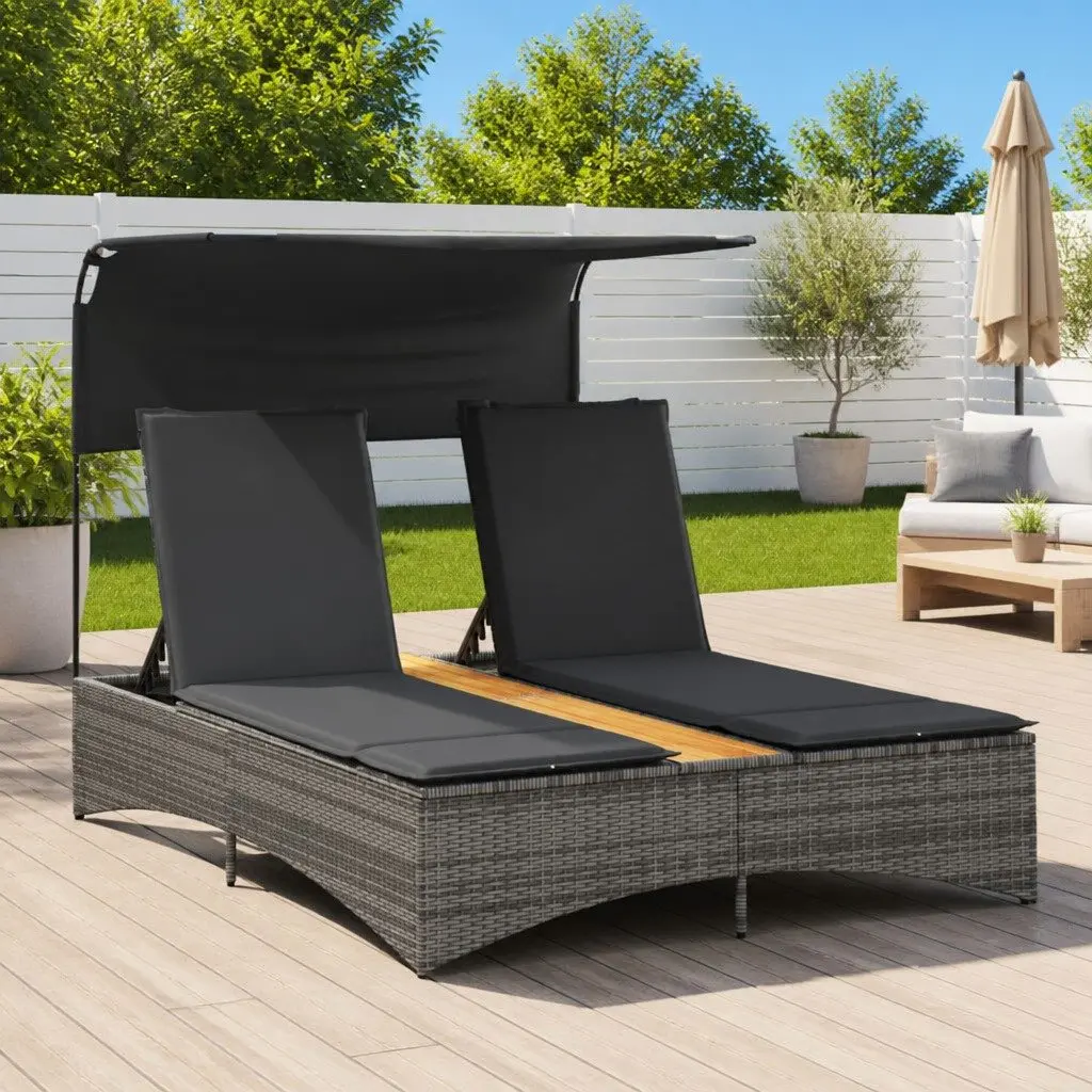 Double Sun Lounger Outdoor Furniture Canopy Cushions Grey Poly Rattan Adjustable
