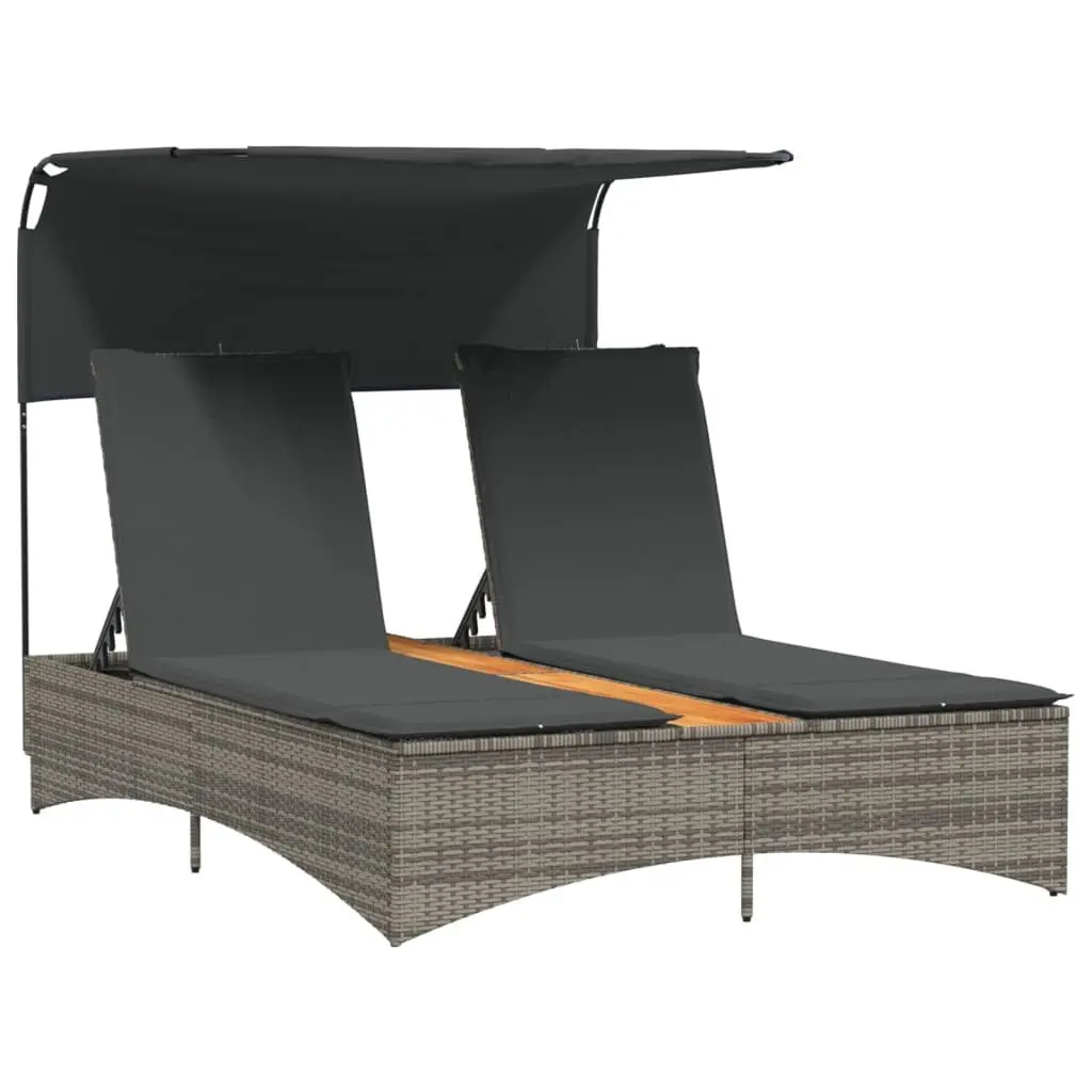 Double Sun Lounger Outdoor Furniture Canopy Cushions Grey Poly Rattan Adjustable