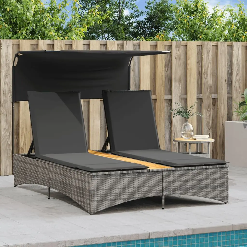 Double Sun Lounger Outdoor Furniture Canopy Cushions Grey Poly Rattan Adjustable