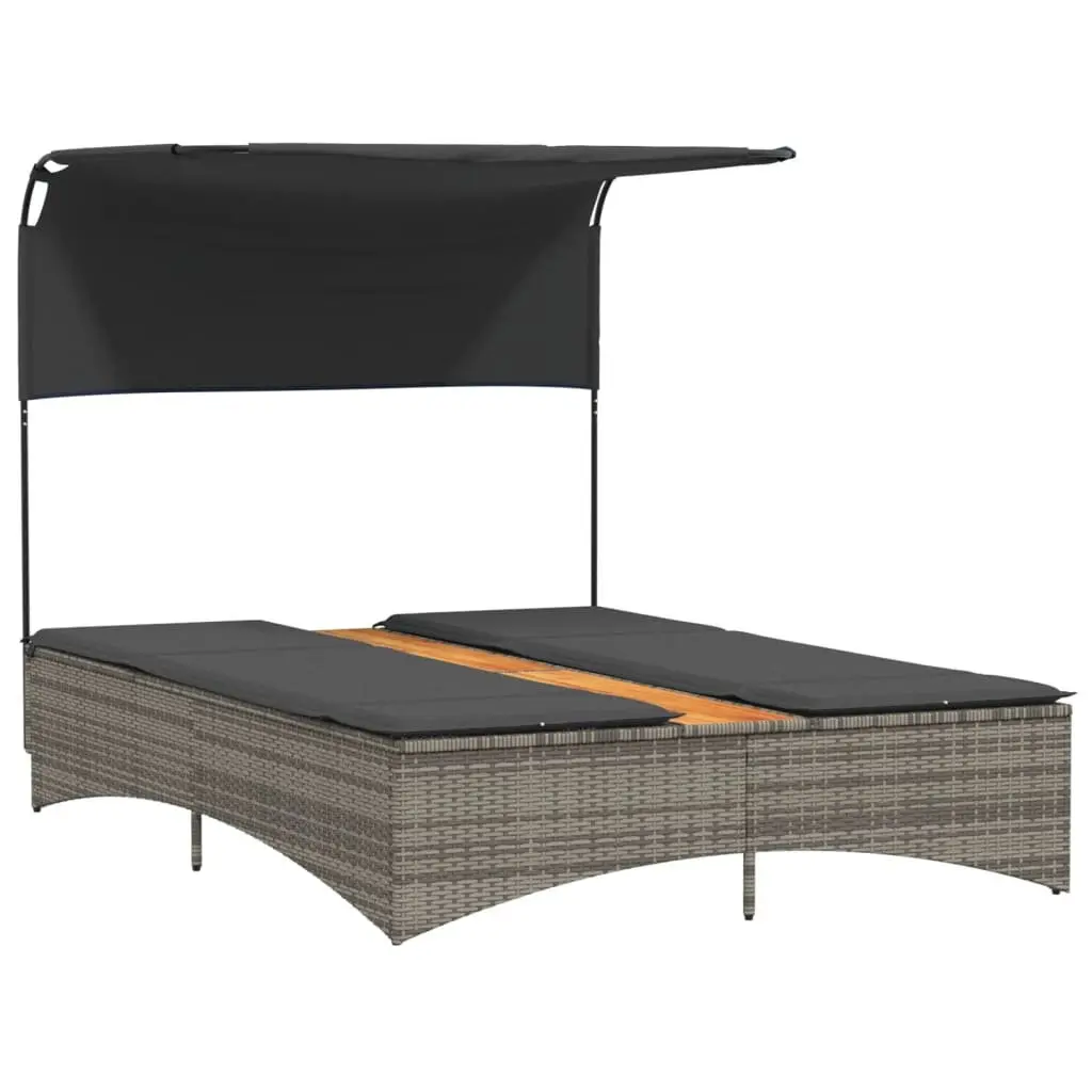 Double Sun Lounger Outdoor Furniture Canopy Cushions Grey Poly Rattan Adjustable