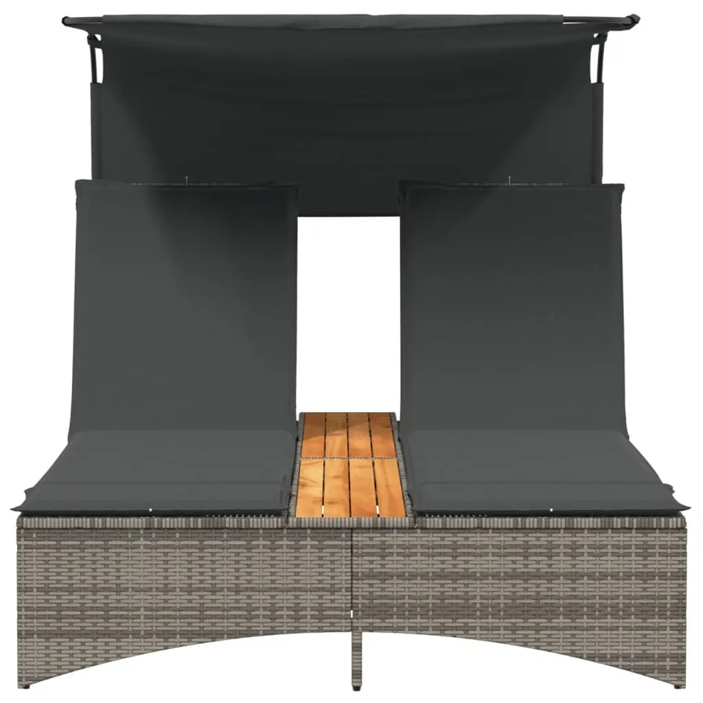 Double Sun Lounger Outdoor Furniture Canopy Cushions Grey Poly Rattan Adjustable